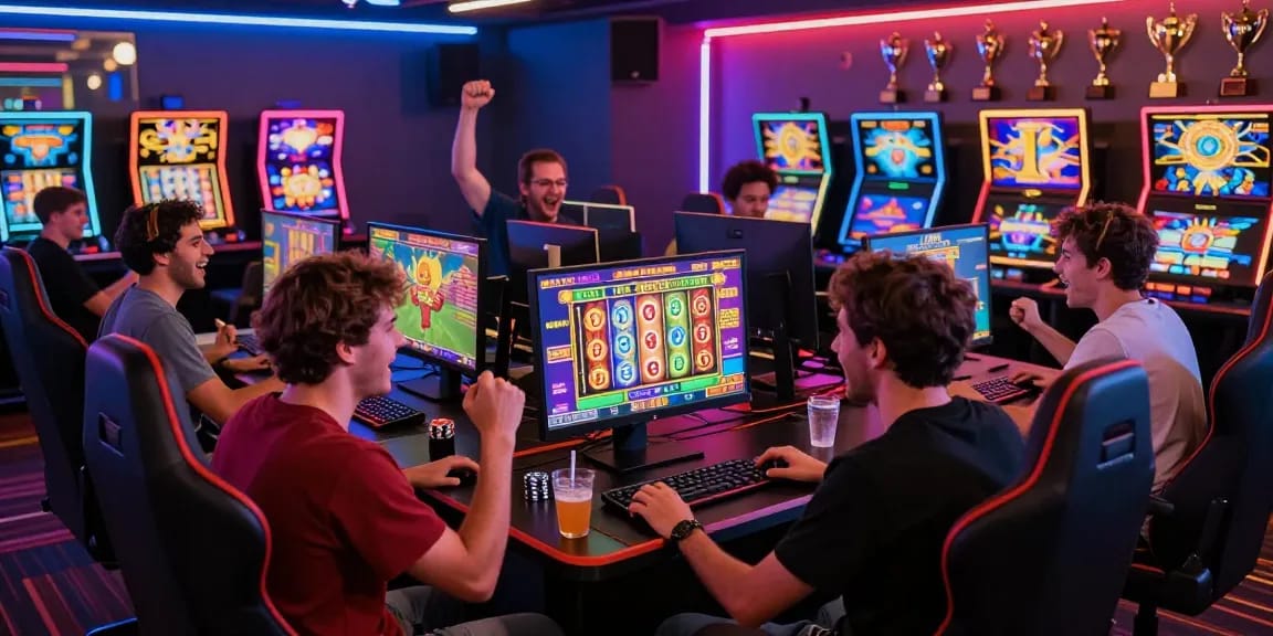 Pengguna bermain slot online dengan semangat, dikelilingi oleh layar permainan berwarna-warni dan suasana kasino yang meriah.