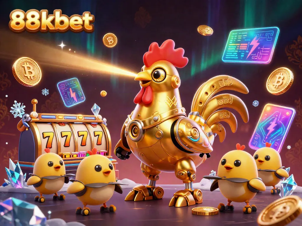 Experience thrilling gameplay at 88kbet with golden rooster robot amidst dynamic casino elements.