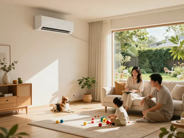 Ductless air conditioner cooling a cozy family living room while children play and a pet relaxes.