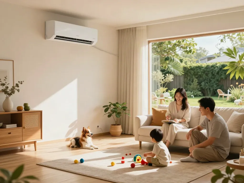 Ductless air conditioner cooling a cozy family living room while children play and a pet relaxes.