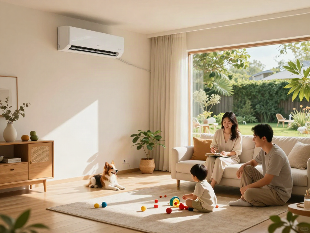 Ductless air conditioner cooling a cozy family living room while children play and a pet relaxes.