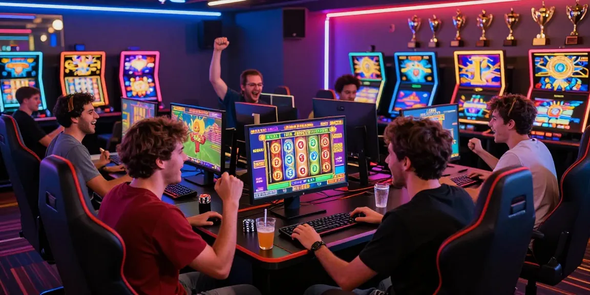 Pengguna bermain slot online dengan semangat, dikelilingi oleh layar permainan berwarna-warni dan suasana kasino yang meriah.