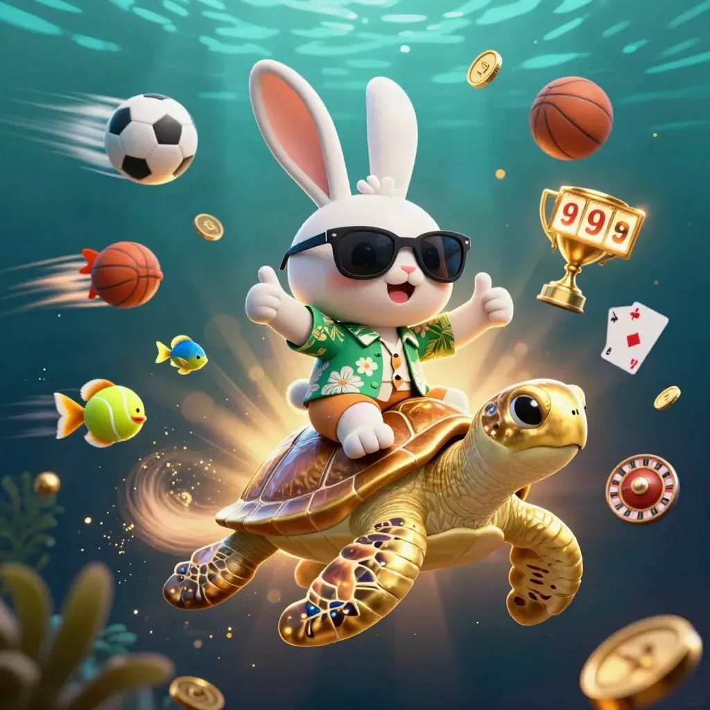 Lucky rabbit rides a golden turtle amid coins, balls, trophy and glowing underwater light.