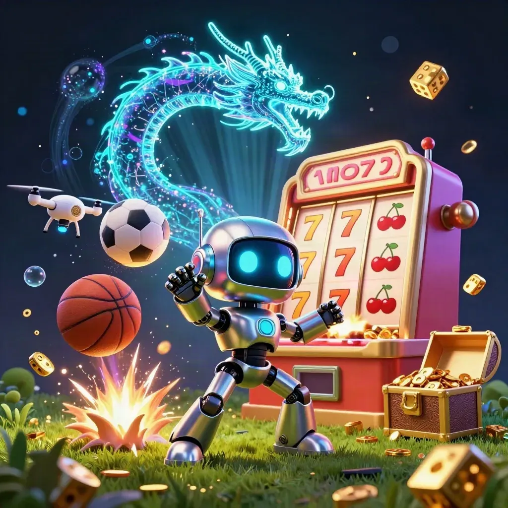 Cyberpunk robot, hologram dragon, and coin drone amid slot bursts, gold dice, and sports balls.