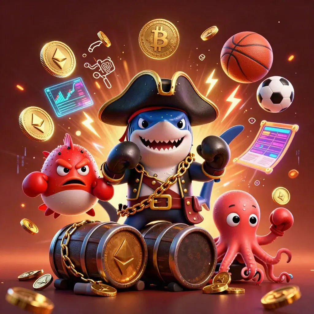 Pirate shark, pufferfish and baby octopus amid neon crypto coins and sports energy.