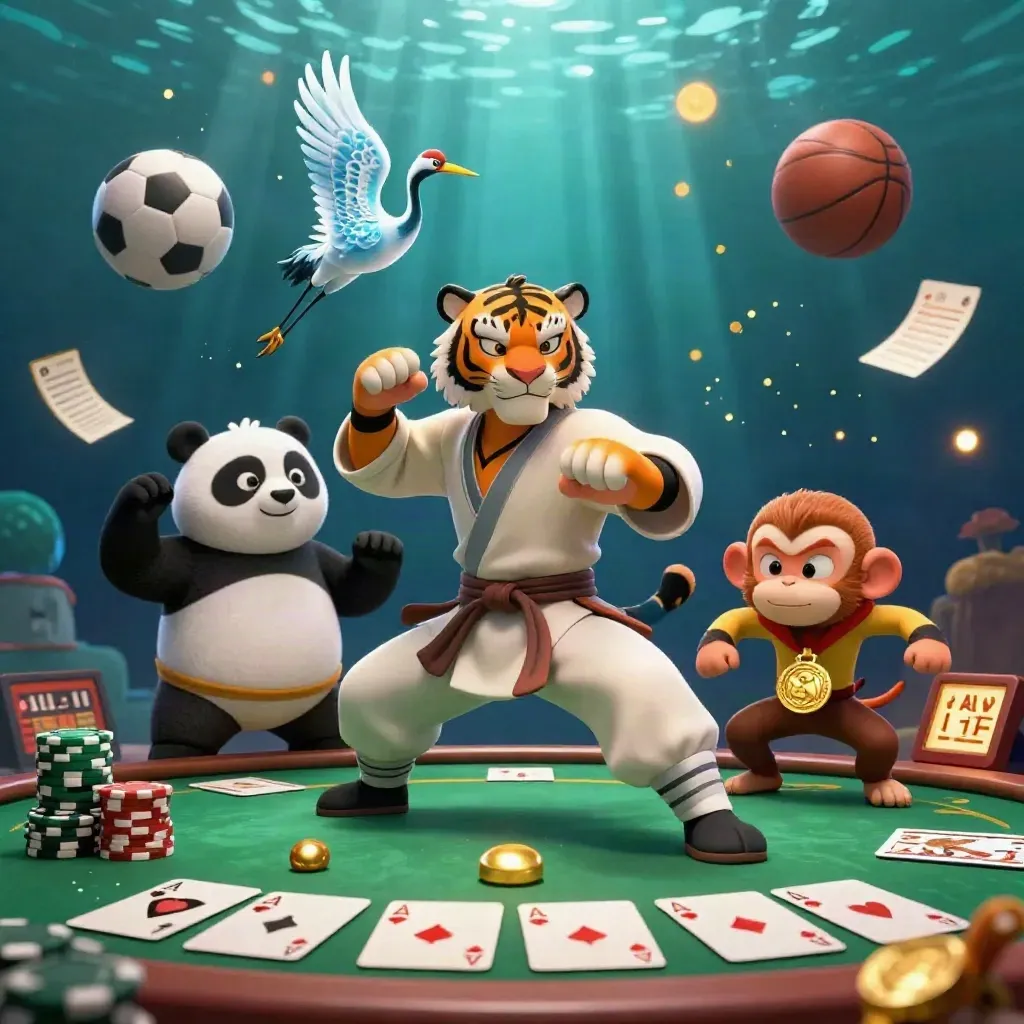 Kung-fu tiger, panda, and monkey amid poker chips, gold medal, sports balls, and blue glow.