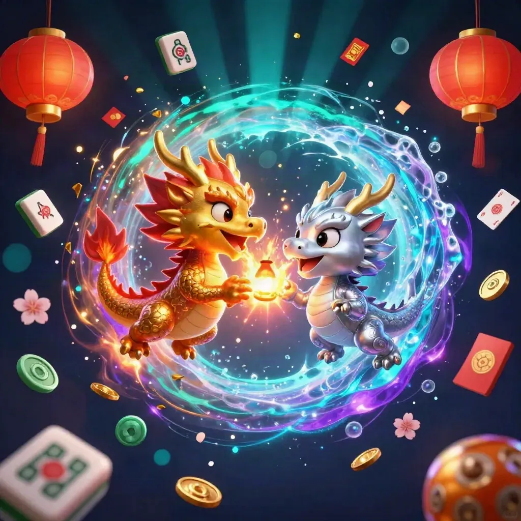 Twin gold and silver dragons clash in a treasure-filled neon vortex with a lantern spirit.