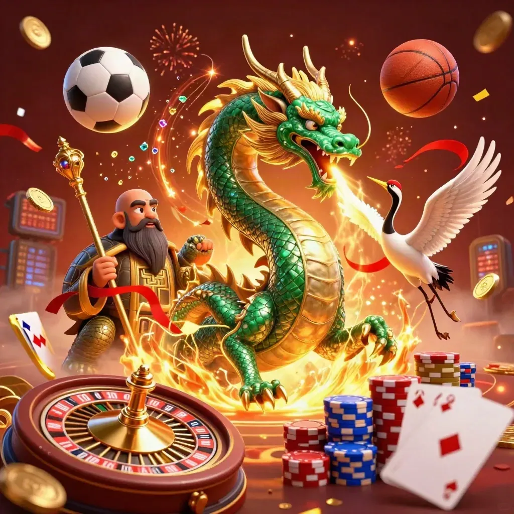 Emerald dragon, turtle sage and cranes amid gold coins, roulette wheel and casino glow.