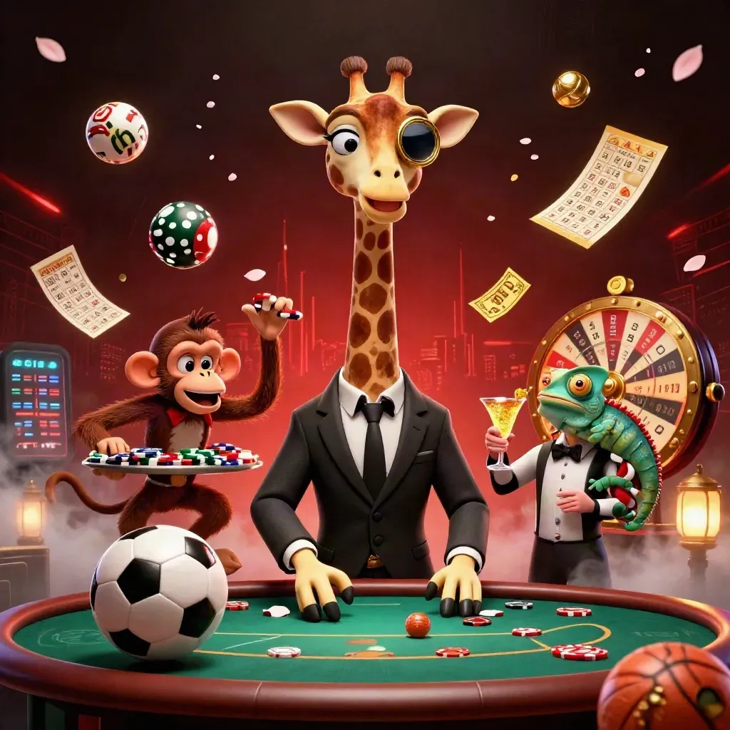 Giraffe, monkey valet, and chameleon bartender amid exploding sports balls, gold chips, and red neon haze.
