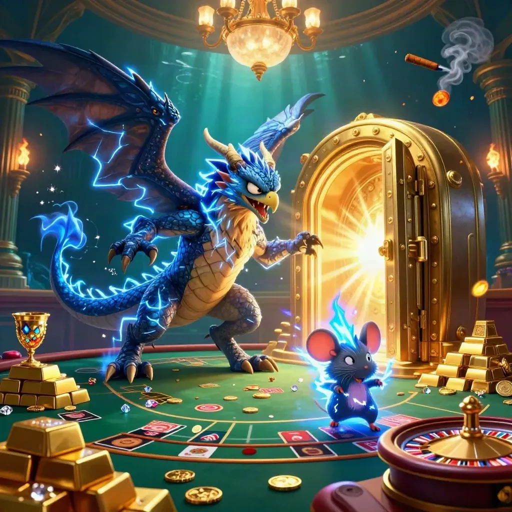 Thunder dragon, wind hawk, and static mouse amid a glowing vault, gold, gems, and casino props.