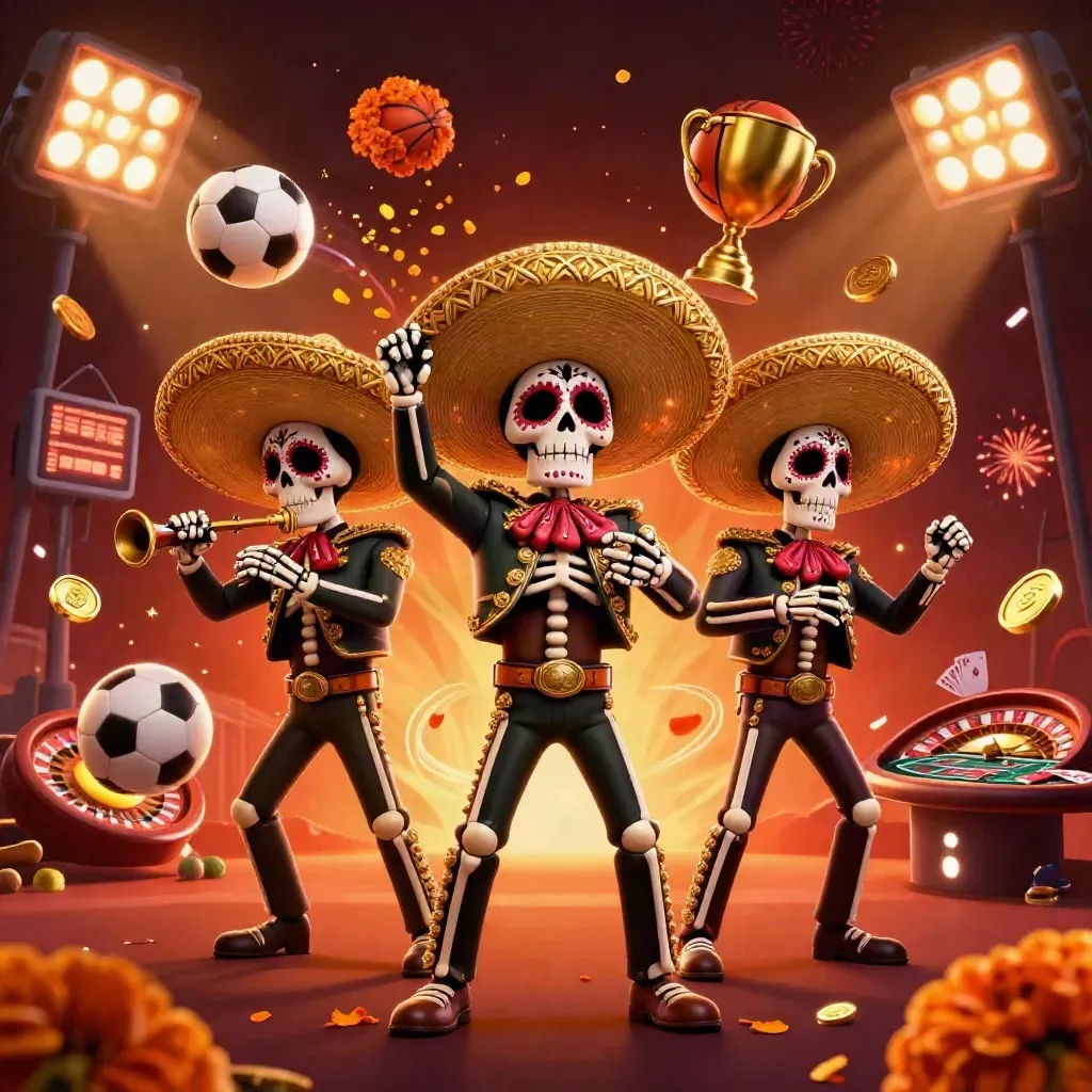 Day-of-the-Dead mariachi skeletons amid casino effects, gold coins, trophy, wheels and sparks.