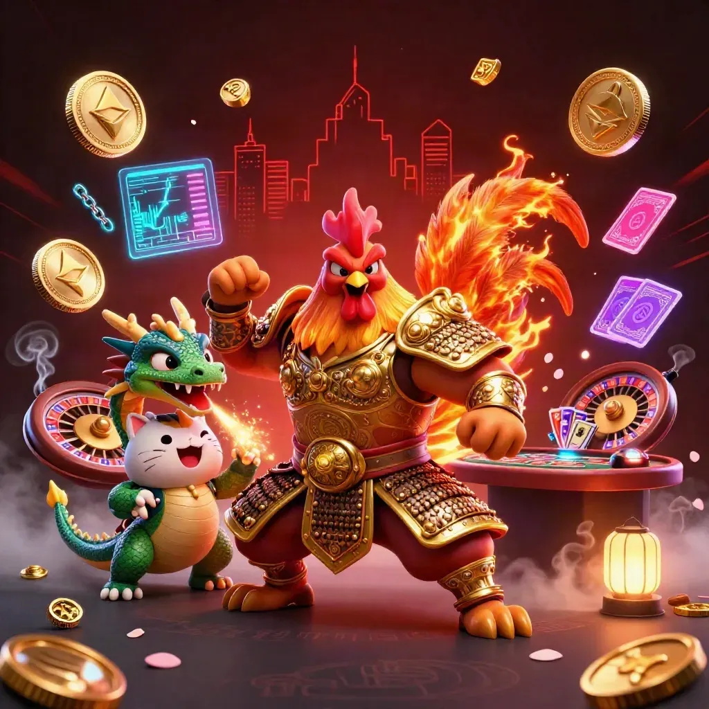 Rooster warrior, dragon hatchling, and lucky cat amid neon coins in a dark luxury casino
