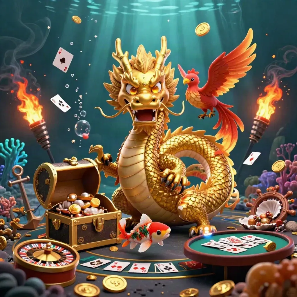 Golden dragon and phoenix over treasure chest, coins, coral, and casino props in glowing underwater light.