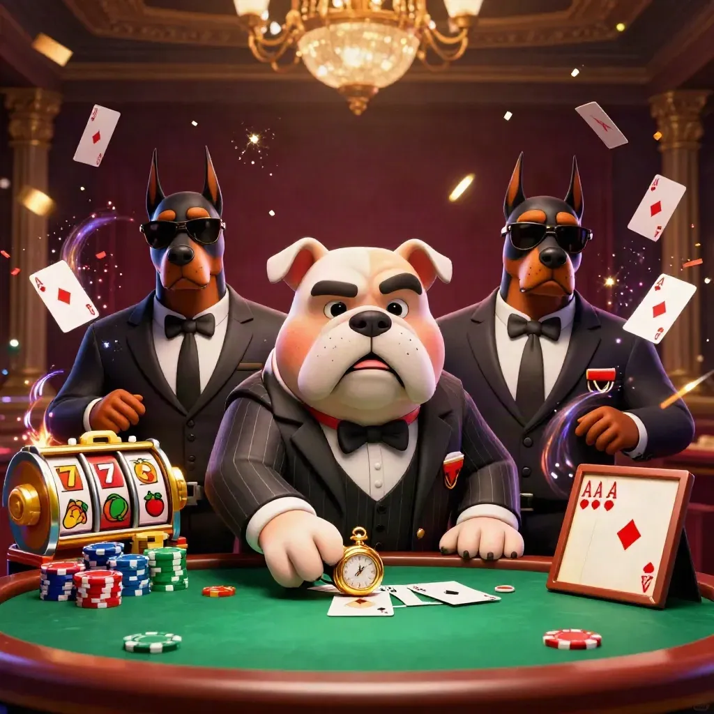Bulldog boss with Doberman guards amid chips, cards, confetti, and gold casino energy.