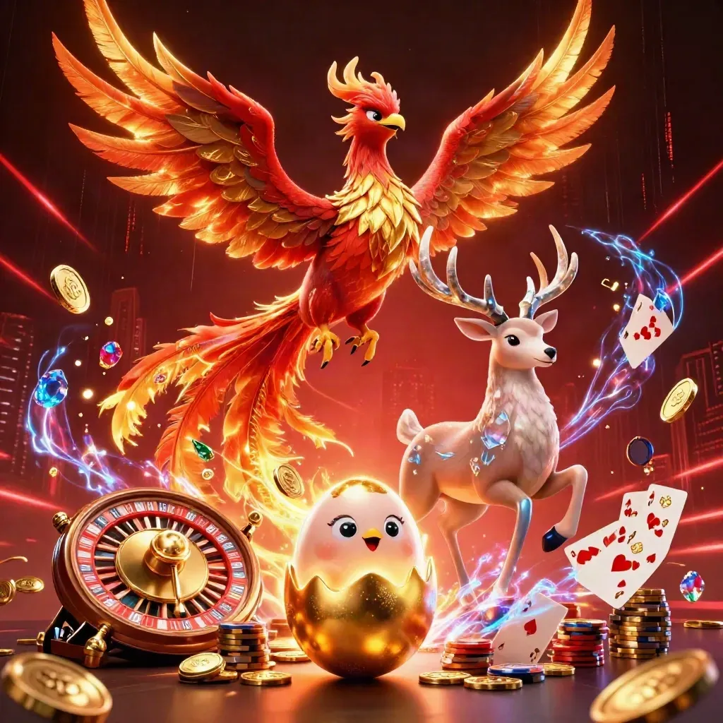 Phoenix, hatchling egg, and crystal stag amid coins, cards, chips, and neon energy