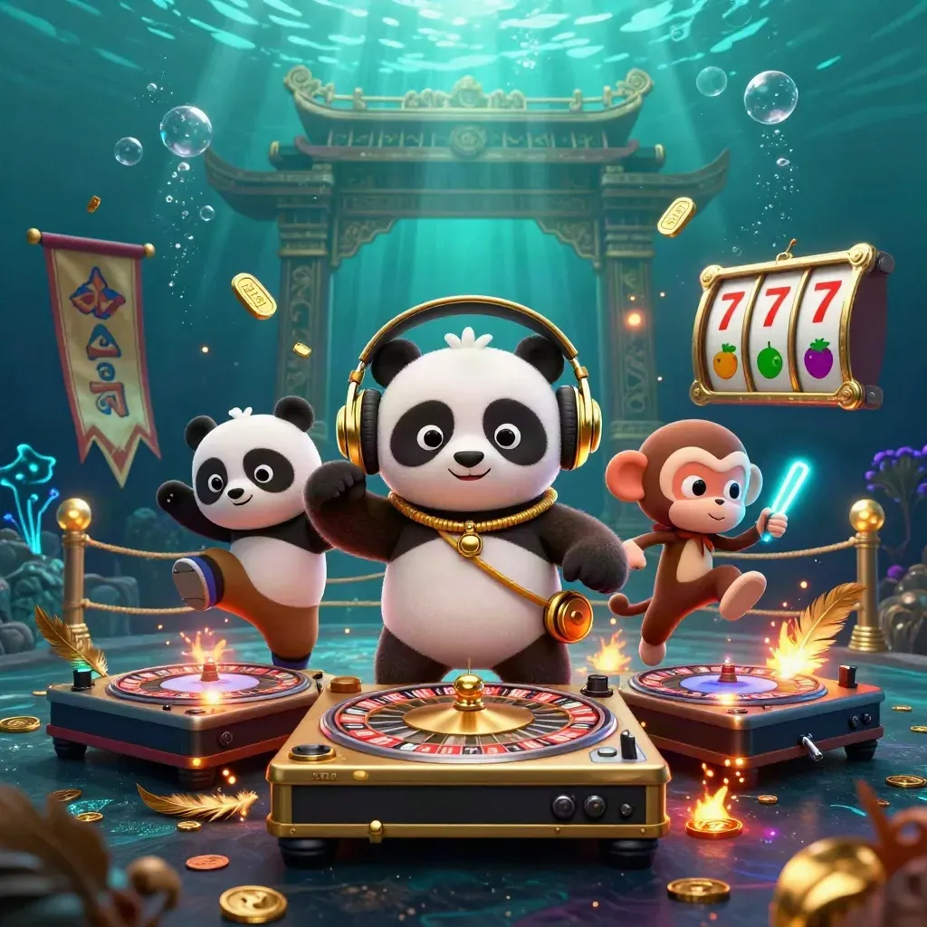DJ panda, breakdancing monkey, and glow-stick kitten in glowing underwater casino key art.