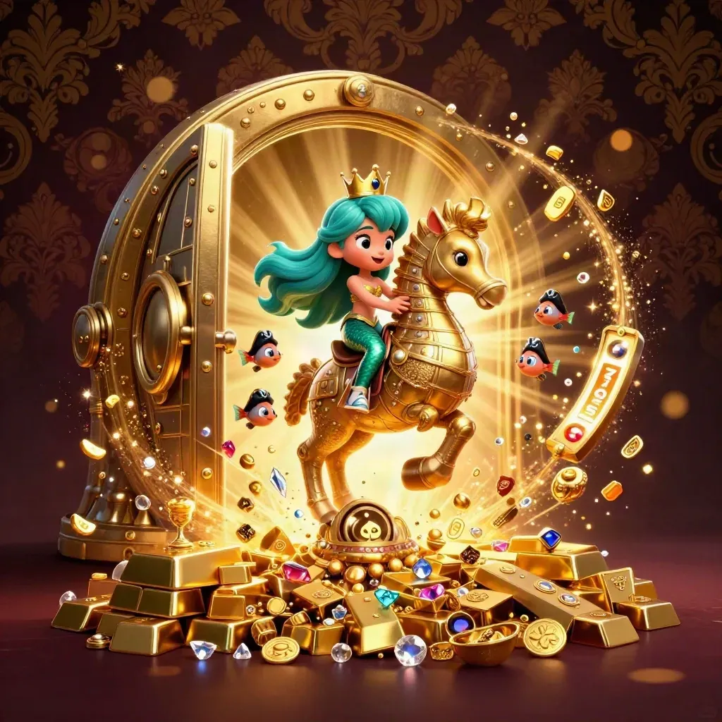 Mermaid princess on a golden seahorse amid treasure, gems, and an open vault.