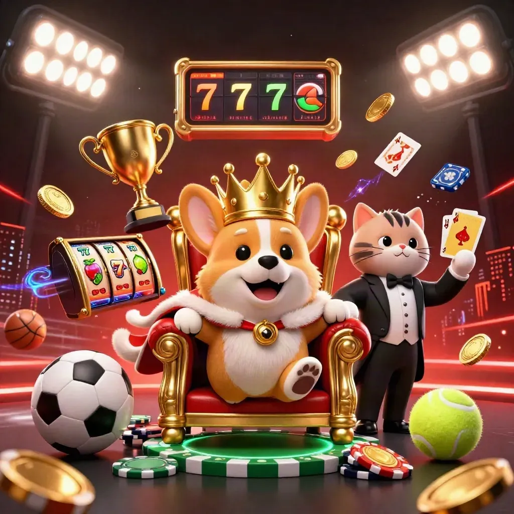 Royal corgi and cat butler amid coins, sports balls, neon streaks, and gold casino glory.
