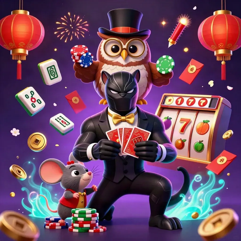 Panther, owl, and mouse in a neon casino burst with gold coins, lanterns, and cyan glow