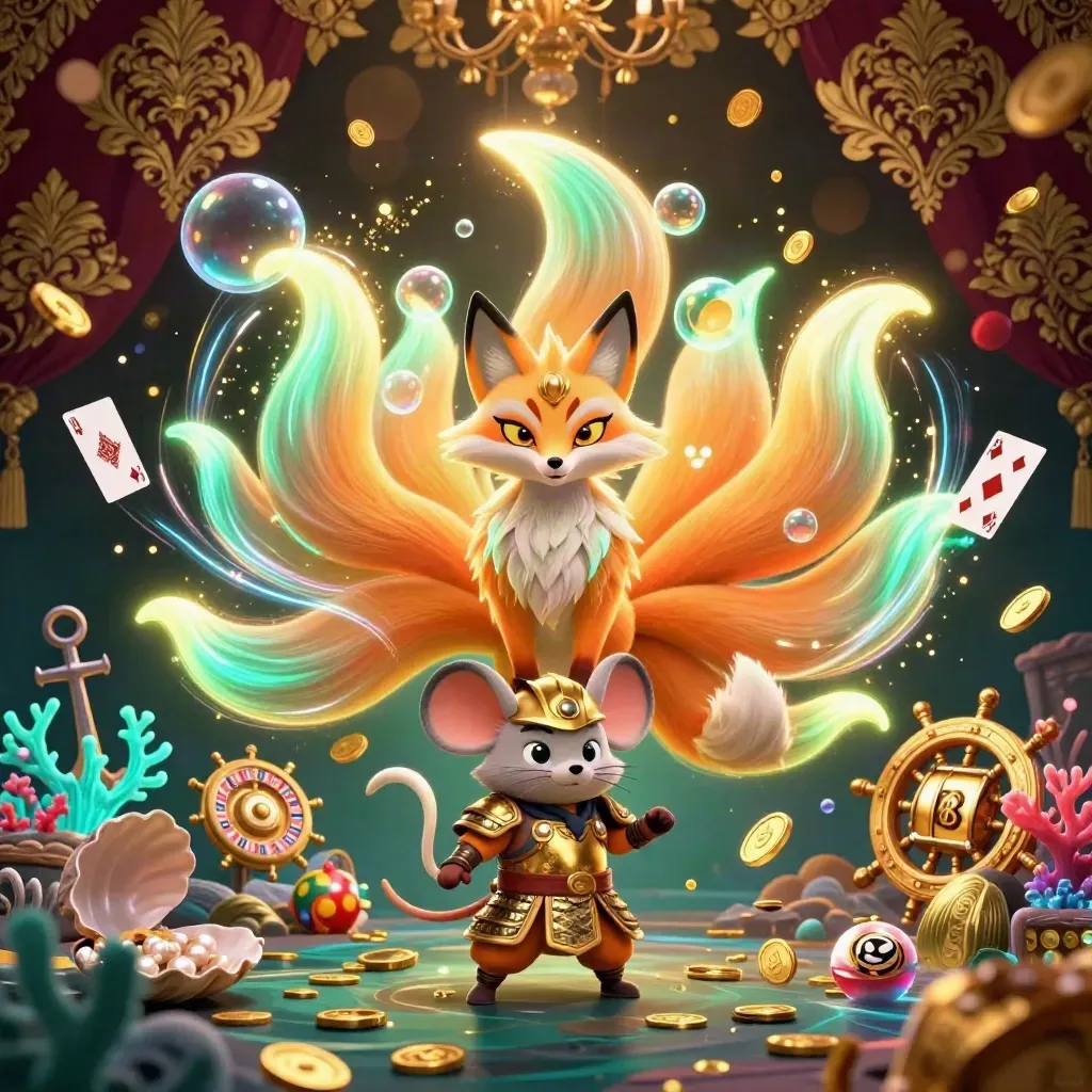 Nine-tailed fox spirit and armored mouse amid coins, coral, and casino treasures