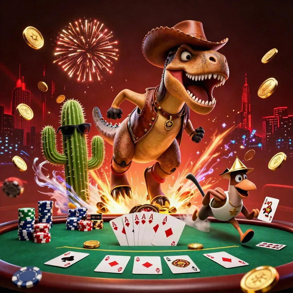 Cowboy T-Rex, cactus, and sheriff roadrunner amid casino chips, gold coins, and a vault burst.