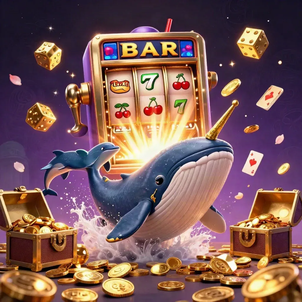 Whale captain, narwhal, dolphins, coins, slot burst, treasure chest, fireworks in purple space