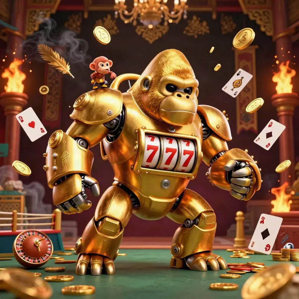 Golden gorilla mech and monkey pilot amid coins, fire, temple gate, and casino symbols.