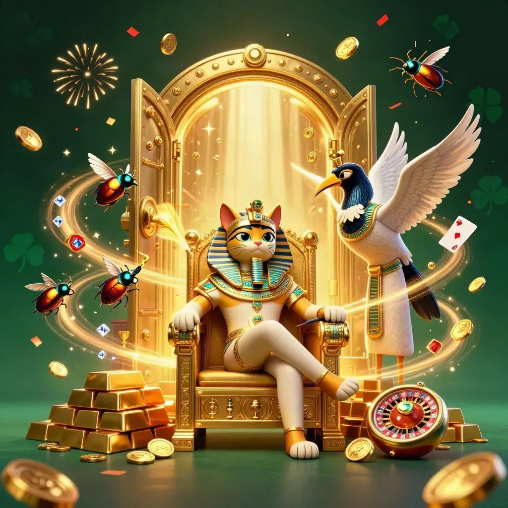Pharaoh cat, ibis scribe, and gem-wing scarabs burst from a gold vault with coins and fireworks.