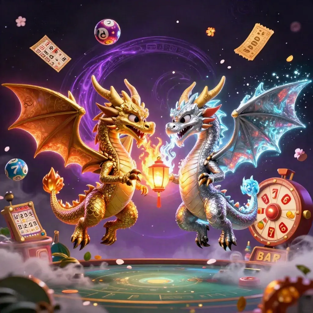 Gold and silver dragons spiral around a lantern spirit with casino tokens on a dark purple glow.