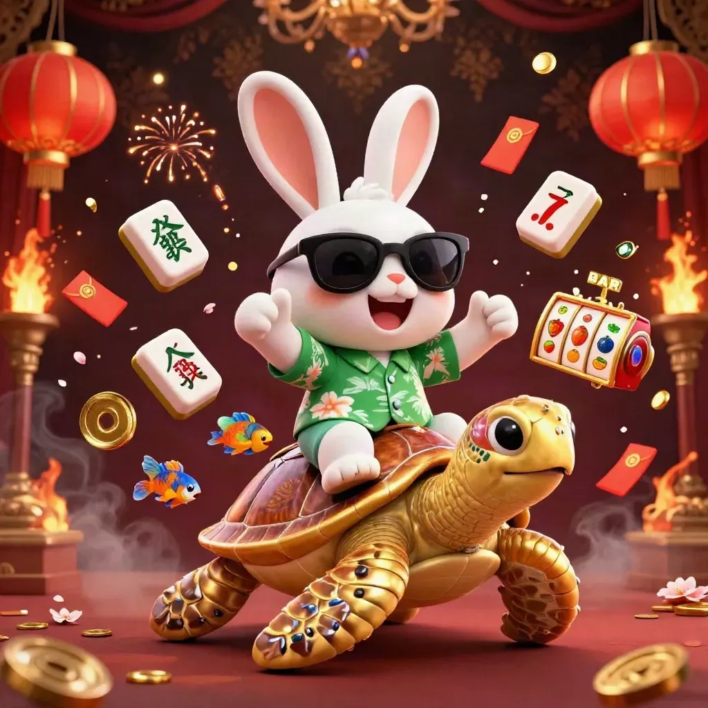 Lucky rabbit on gem-shell sea turtle amid gold tiles, lanterns, petals, and casino effects.