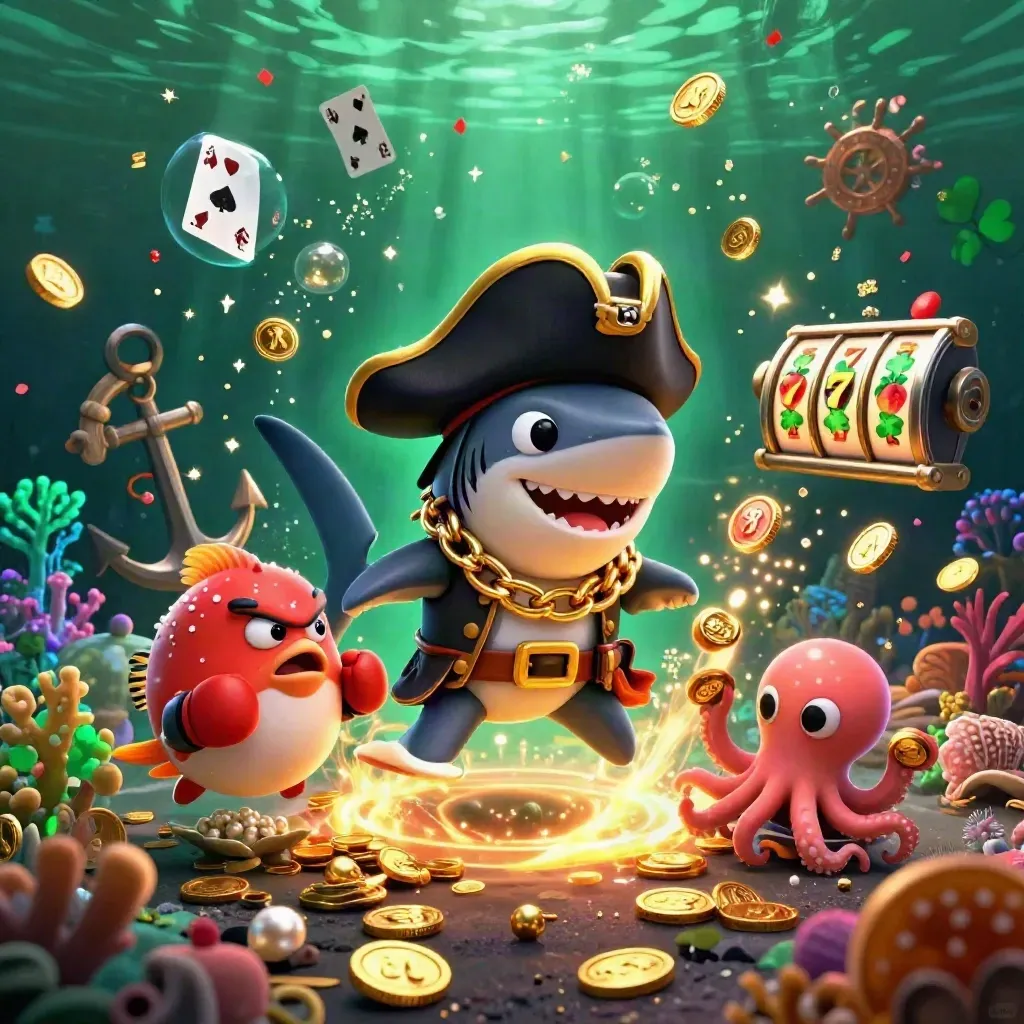 Pirate shark, boxing pufferfish, and juggling octopus in a glowing gold underwater casino cove.