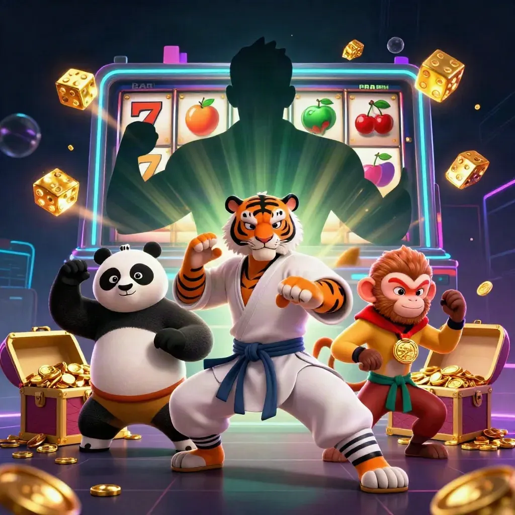 Tiger master, panda disciple, and monkey student amid exploding slot reels, gold, and neon casino lights.