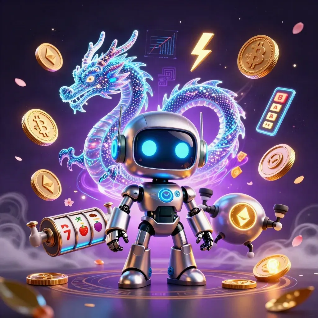 Chrome robot, holographic dragon, and coin drone amid casino tech, coins, reels, and neon magic.