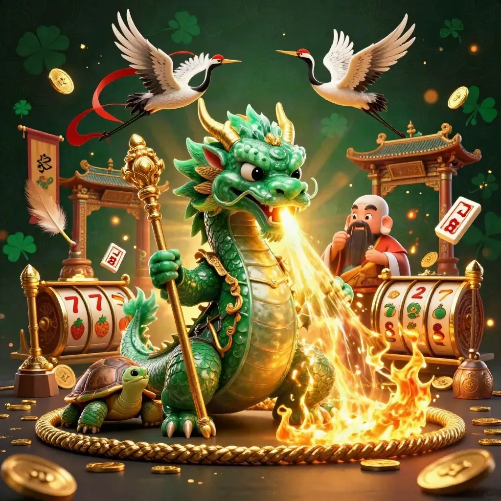 Jade dragon, turtle sage, and cranes amid gold fire, coins, reels, and temple light.