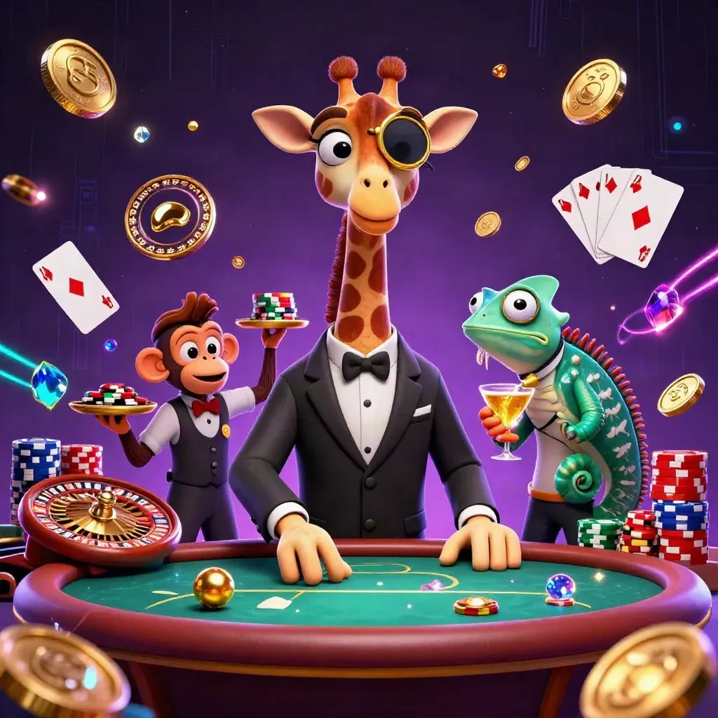 Giraffe high roller, monkey valet, and chameleon bartender amid gold coins and neon casino glow.