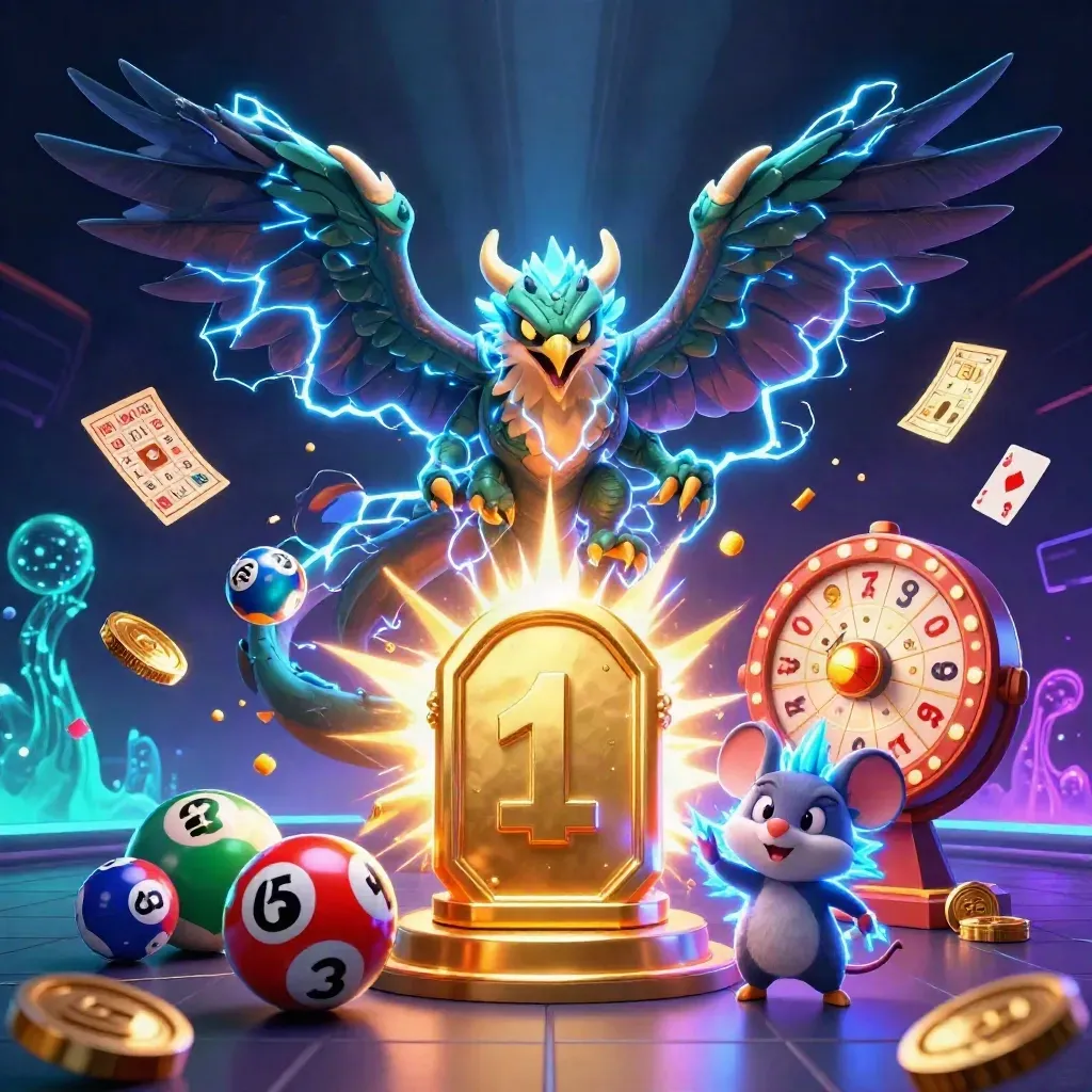 Thunder dragon, hawk and mouse orbiting a glowing vault token amid gold coins and casino sparks