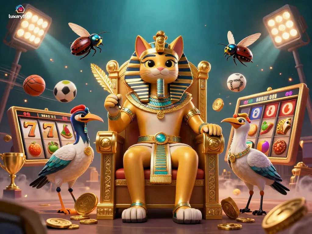 Experience excitement with luxury111 in this vibrant illustrated casino scene featuring dynamic slot elements.