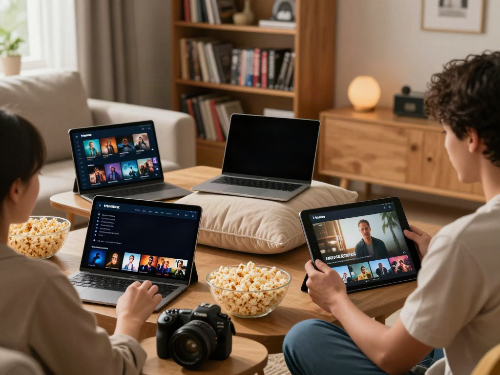 Users enjoying the Moviebox app in a cozy living room, showcasing dynamic entertainment.