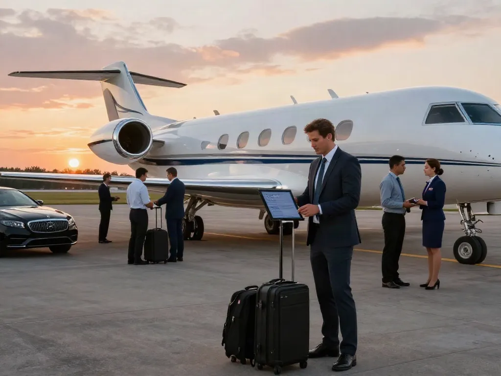 Air charter services Ontario: Business traveler checking in at private jet terminal.