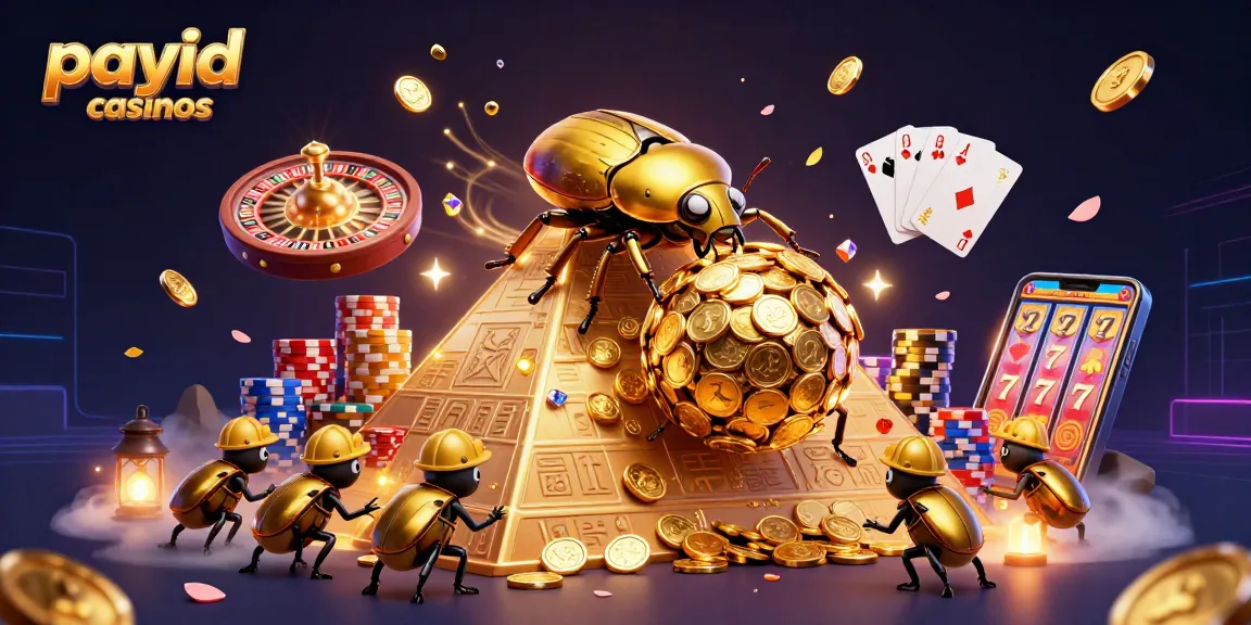 Spin wins at payid casinos with golden beetles delivering jackpots in a vibrant casino scene.