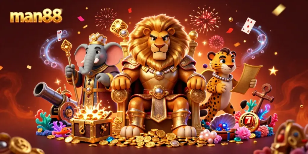 Experience the thrilling world of man88 with a vibrant casino-themed 3D illustration featuring engaging characters and dynamic game elements.