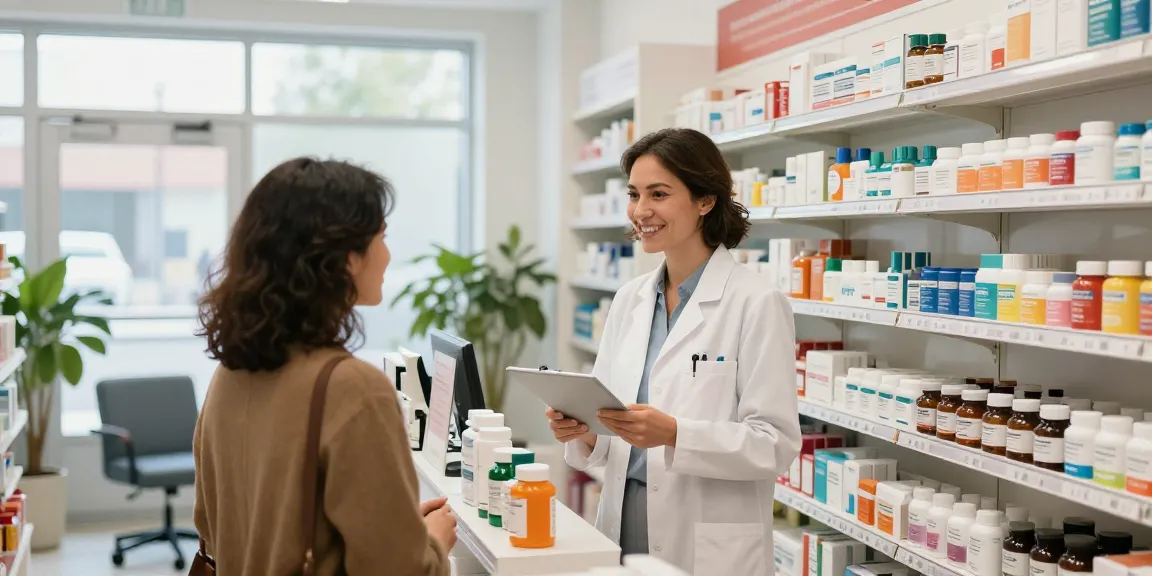 Canada medical shop pharmacist providing expert advice to a customer in a welcoming pharmacy.