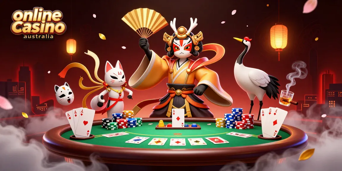 Explore the vibrant 3D scene depicting an online casino Australia, brimming with poker excitement and cultural elements.